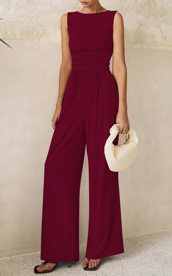 PRETTYGARDEN One Piece Jumpsuits for Women Dressy Casual Sleeveless Crewneck Wide Leg Rompers Jumpers Vacation Summer Outfits