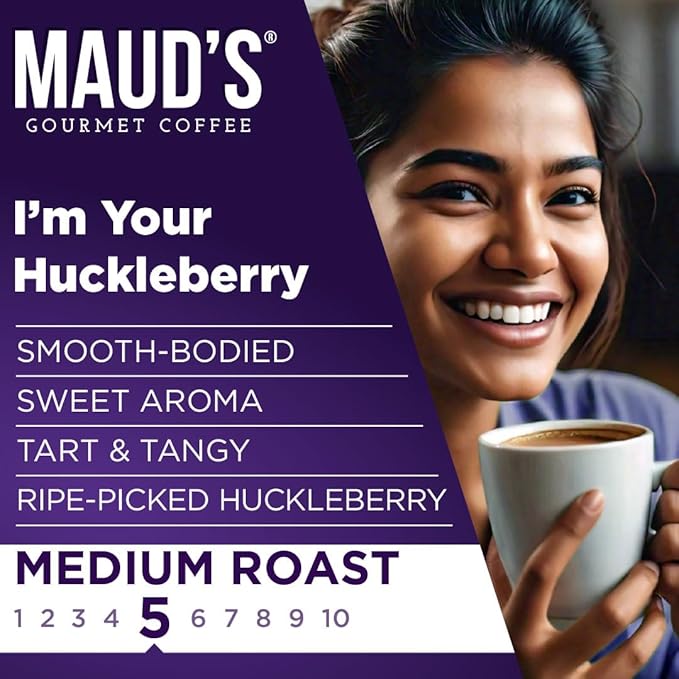 Maud's Huckleberry Flavored Coffee Pods, 18 ct, Medium Roast Flavored Coffee in Recyclable Single Serve Pods – 100% Arabica Beans, Compatible with Keurig K Cups Maker