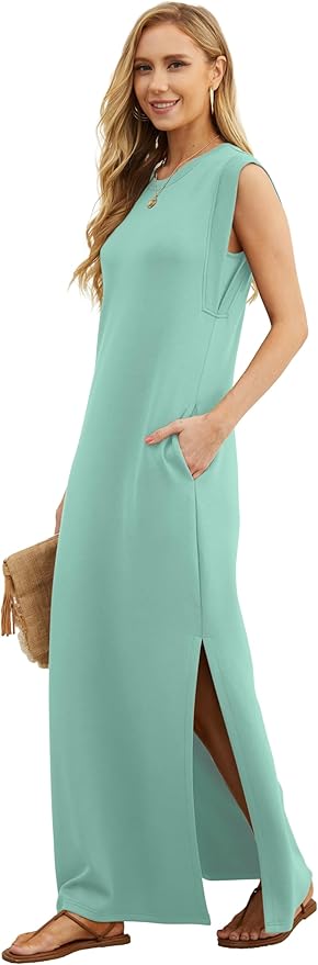 GRECERELLE 2026 Women Year-Round Casual Round Neck Loose Split Wrinkle-Free Long Maxi Vacation Dress with Pockets (XXS-4XL)