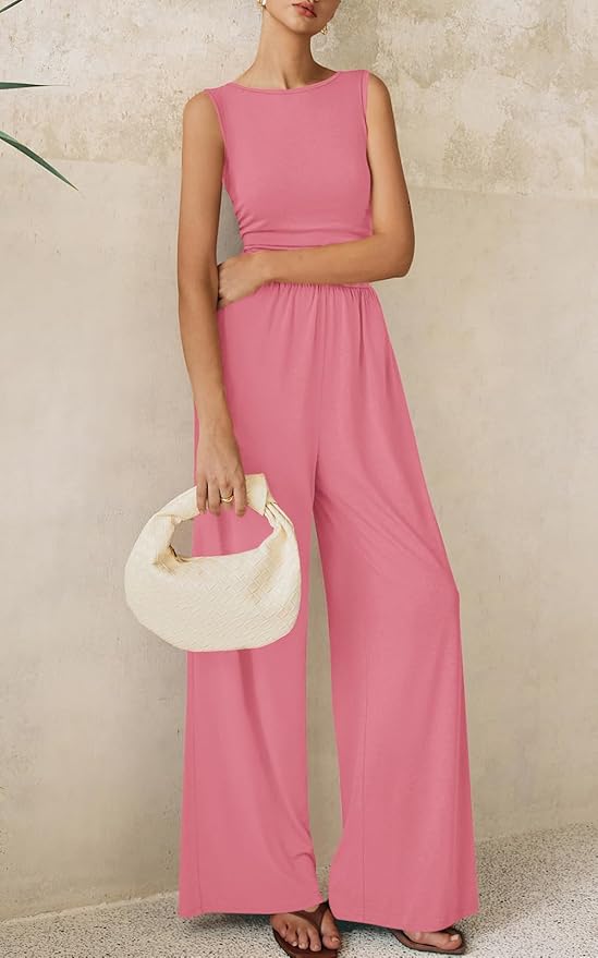 PRETTYGARDEN One Piece Jumpsuits for Women Dressy Casual Sleeveless Crewneck Wide Leg Rompers Jumpers Vacation Summer Outfits