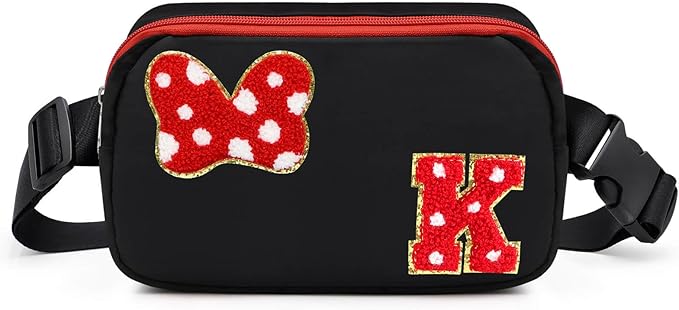 Chenille Initial Letter Bow Mouse Fanny Pack, Waterproof Park Crossbody Bag Christmas Birthday Gifts for Teen Girls Daughter Women Kids Adults, Cute Belt Bag Must Haves for Park Travel (K, Black)