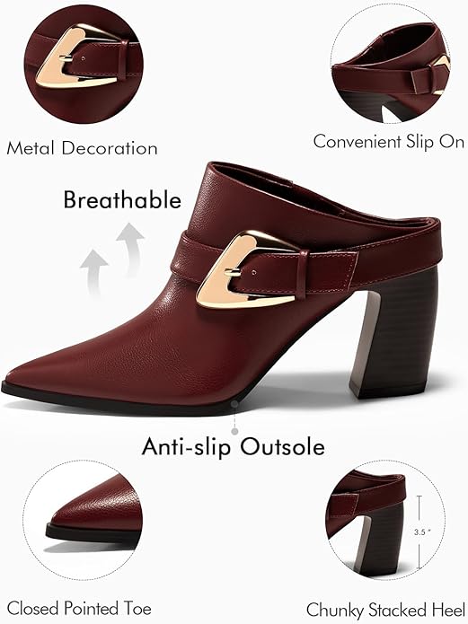 Coutgo Womens Mules Boots Chunky Stacked Heel Pointed Toe Booties Slip On Dress Boot Shoes with Buckle Decoration