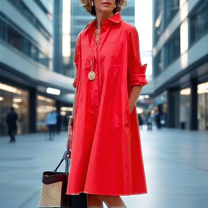 Womens 2025 Long Sleeve Button Down Shirt Summer Dress Casual V Neck Loose Fit Midi Shirt Dresses with Pockets