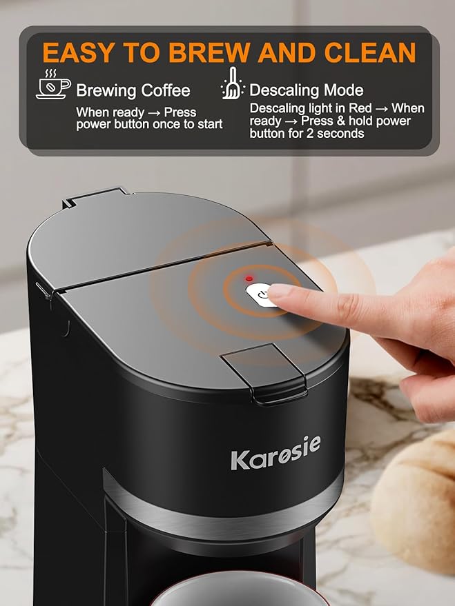 Karosie Single Serve Coffee Maker for K-Cup and Ground Coffee, Fast Brew, 6-12 oz Brew Sizes One Cup Coffee Machine Fits 5.5" Mugs, One-Button Small Coffee Maker with Descaling Reminder,Black