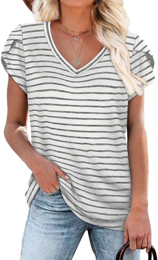 WIHOLL Womens Tops V Neck Summer Petal Sleeve Casual Tshirts