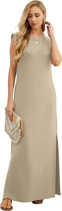 GRECERELLE 2026 Women Year-Round Casual Round Neck Loose Split Wrinkle-Free Long Maxi Vacation Dress with Pockets (XXS-4XL)