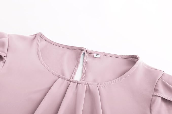 TASAMO Women's Casual Round Neck Basic Pleated Top Cap Sleeve Curved Keyhole Back Chiffon Blouse