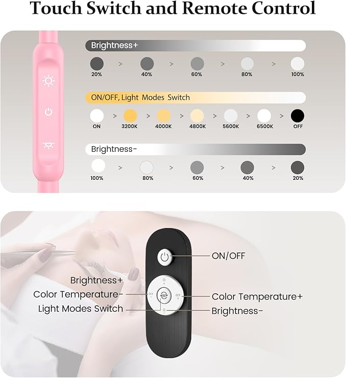 Lash Light for Eyelash Tech with Tray, Half Moon Light for Lashes and Estheticians, LED Floor Lash Lamp for Eyelash Extensions, Nail Art, Tattoo Art and Skincare (Pink)