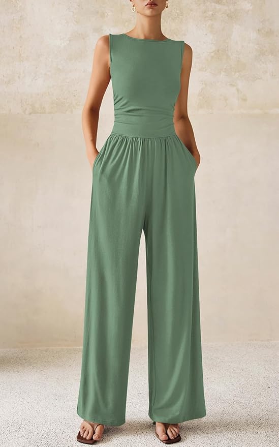 PRETTYGARDEN One Piece Jumpsuits for Women Dressy Casual Sleeveless Crewneck Wide Leg Rompers Jumpers Vacation Summer Outfits