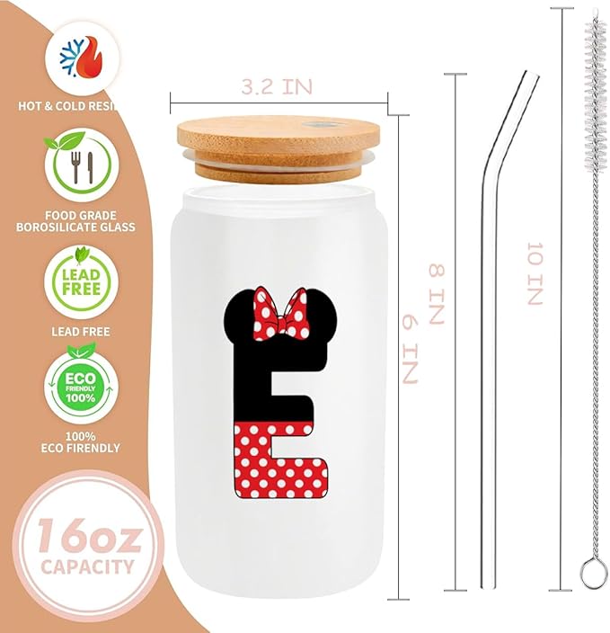 Cute Cartoon Mouse Lover Gifts Initial A-Z Personalized Iced Coffee Cup Magic Mouse Stuff Wizard Gift 16oz Glass Cup with Lid and Straws Birthday Christmas Gifts for Women Teen Girls (Letter E)