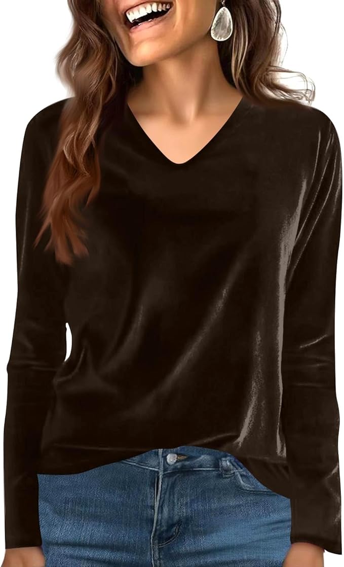 Velvet Tops for Women Dressy Casual V Neck Shirts Loose Fit Vintage Long Sleeve Velour Blouse Solid Holiday Party Outfits