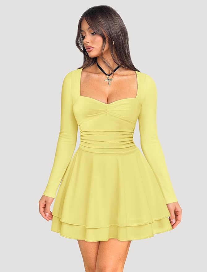 IWD Women's Square Neck Long Sleeve Mini Dress Ruched Corset Waist Tiered Ruffle Hem A Line Short Party Dresses