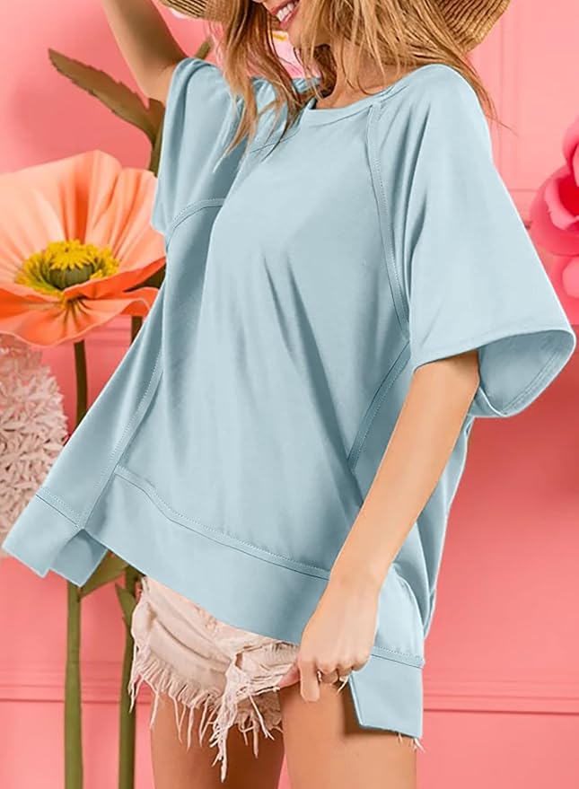 Dokotoo Oversized T Shirts for Women Crewneck Short Sleeve Casual Summer Tops Lightweight Loose High Low Blouse