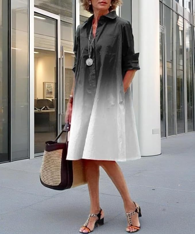 Womens 2025 Long Sleeve Button Down Shirt Summer Dress Casual V Neck Loose Fit Midi Shirt Dresses with Pockets