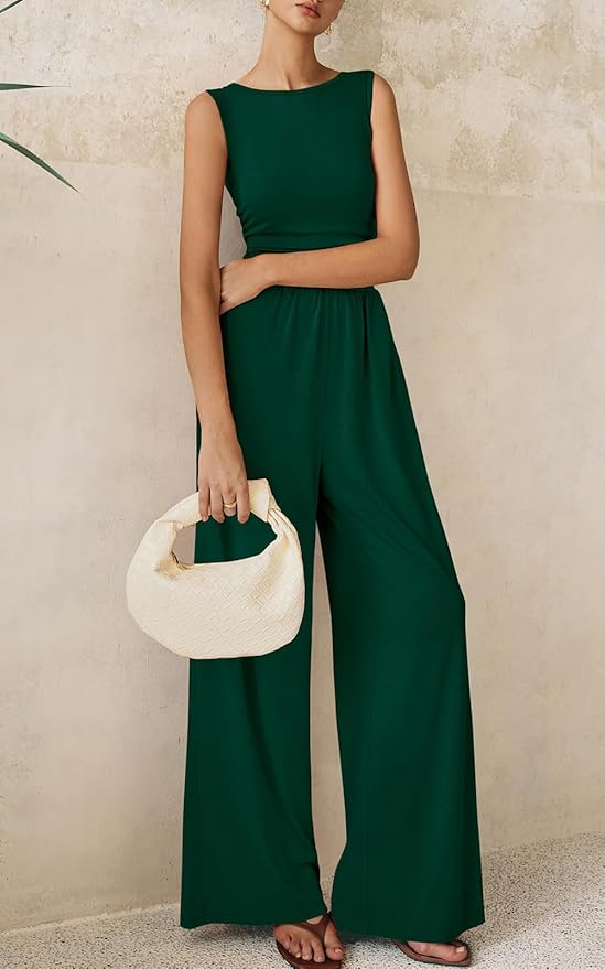 PRETTYGARDEN One Piece Jumpsuits for Women Dressy Casual Sleeveless Crewneck Wide Leg Rompers Jumpers Vacation Summer Outfits