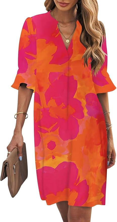 Wkior Shift Dress for Women V Neck Short Sleeves Solid Color Casual Flowy Summer Dresses(S-2XL)