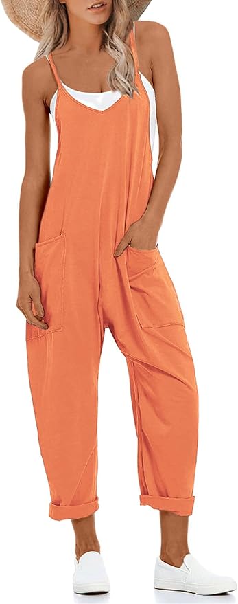 Lentta Women's Causal Jumpsuits V Neck Sleeveless Harem Overalls Stretchy Adjustable Strap Romper with Pockets