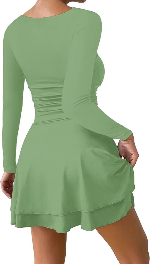 IWD Women's Square Neck Long Sleeve Mini Dress Ruched Corset Waist Tiered Ruffle Hem A Line Short Party Dresses