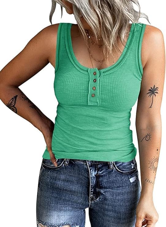 KINLONSAIR Women's Sleeveless Henley Tank Tops Ribbed V Neck Button Down T Shirts Summer Slim Fit Tee Tops
