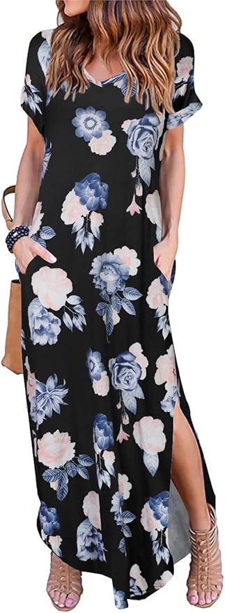 Arolina Women's Summer Maxi Dress Short Sleeve V Neck Casual Loose Long Beach Split Dresses with Pockets