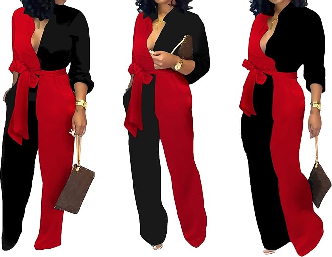 SeNight Women's Jumpsuits Elegant Business Casual Button Down V Neck Long Sleeve Strap Straight Long Pants With Pockets