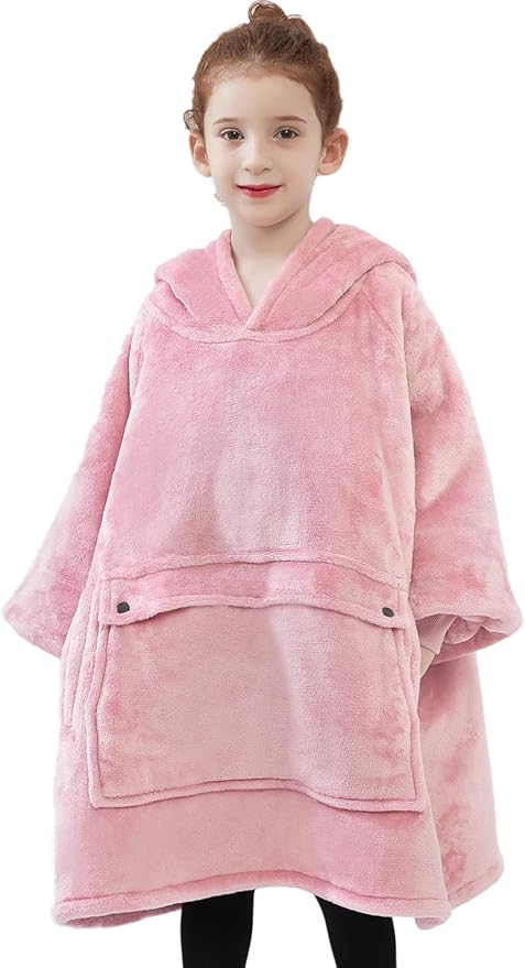 KFUBUO Wearable Blanket Hoodie for Kids Sherpa Patterns Oversized Sweatshirt Blanket With Pocket 6-10 Year Old Girls&Boys Birthday Gifts Pink