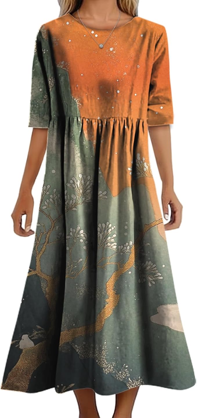 MARSVOVO Trendy Dresses for Women 2025 Classic Fairy Flowy Sundress Relaxed Fit Dress with Side Pockets