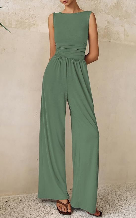 PRETTYGARDEN One Piece Jumpsuits for Women Dressy Casual Sleeveless Crewneck Wide Leg Rompers Jumpers Vacation Summer Outfits