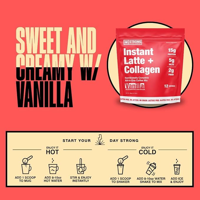 Strong Coffee Co. Vanilla Instant Latte | Organic Coffee with 15g Collagen Protein | Lion’s Mane & L-Theanine | Nootropic Instant Coffee | 12 Serving