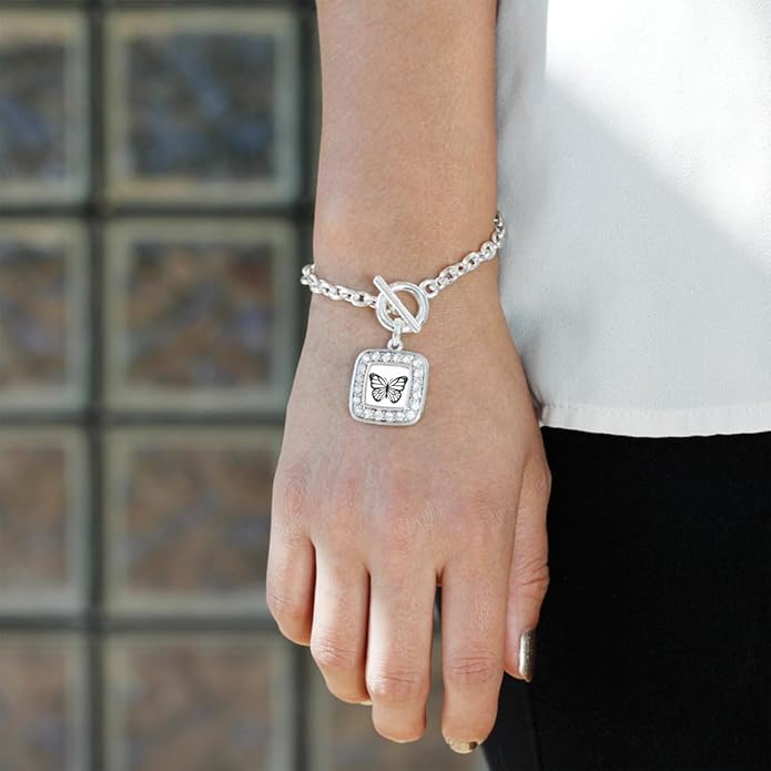 Inspired Silver - Silver Square Charm Toggle Bracelet with Cubic Zirconia Jewelry