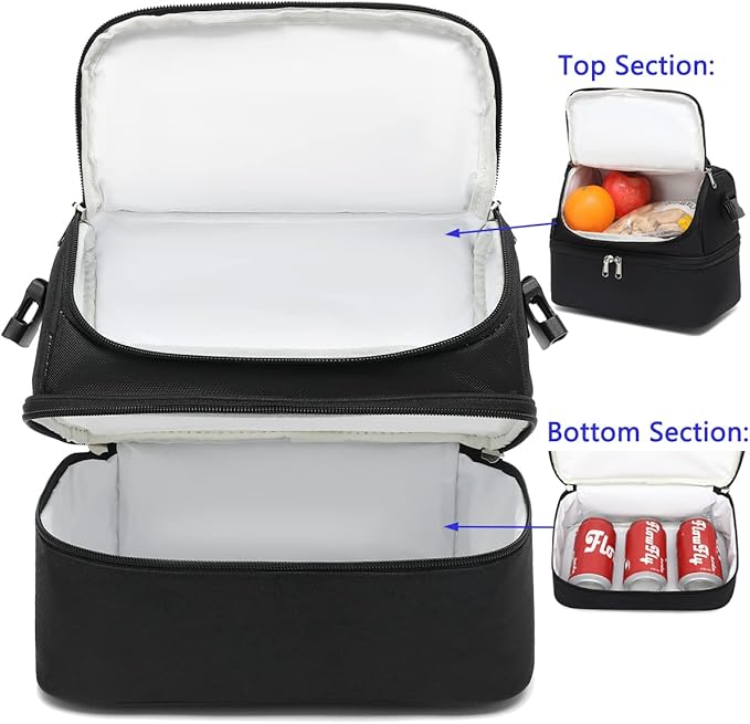 FlowFly Double Decker Cooler Insulated Lunch Bag Large Tote for Boys, Girls, Men, Women, With Adjustable Strap,Black