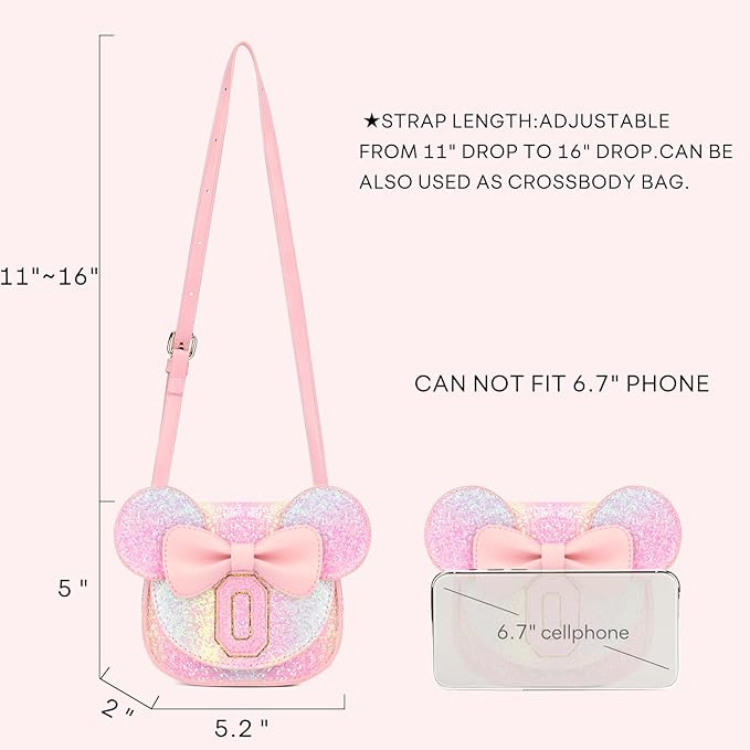 mibasies Toddler Purse Girl Gifts: Girls Birthday Gifts for 3-8 - Toys for Ages 2-4 Girls Mouse Ears Purse, Glitter Rainbow, Letter O