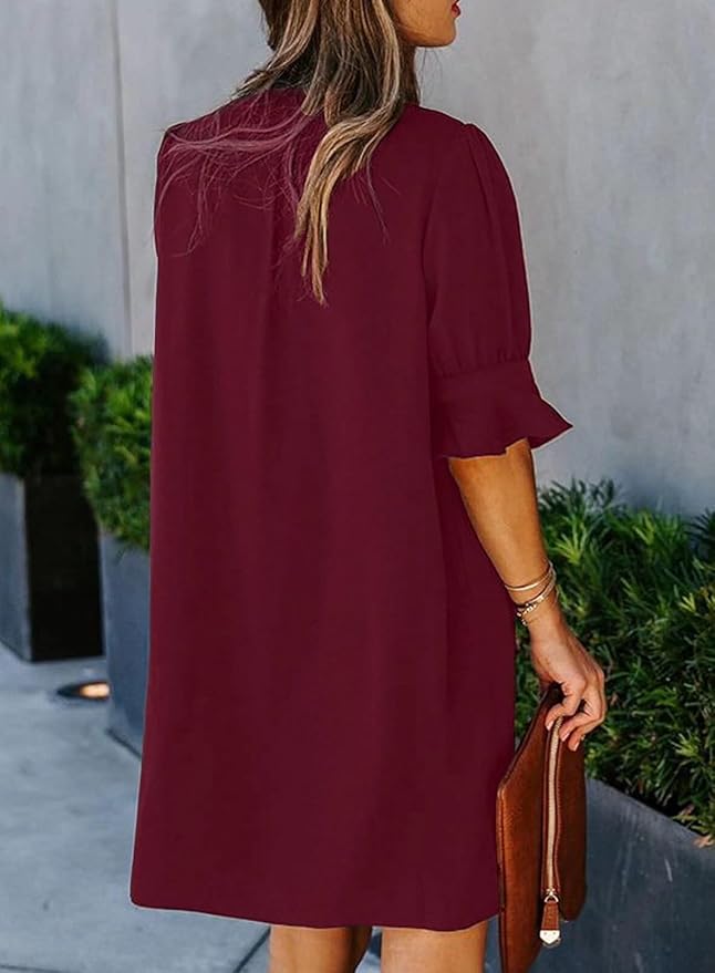 Wkior Shift Dress for Women V Neck Short Sleeves Solid Color Casual Flowy Summer Dresses(S-2XL)