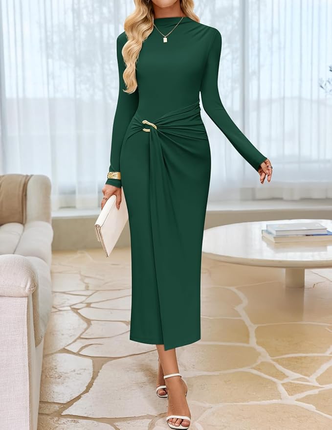 ZESICA Women's 2026 Spring Long Sleeve Bodycon Dress Mock Neck Wedding Guest Cocktail Party Long Midi Dresses