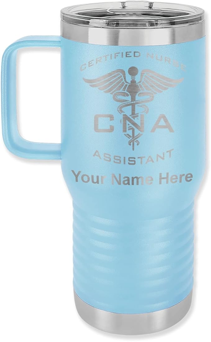 LaserGram 20oz Vacuum Insulated Travel Mug with Handle, CNA Certified Nurse Assistant, Personalized Engraving Included (Light Blue)