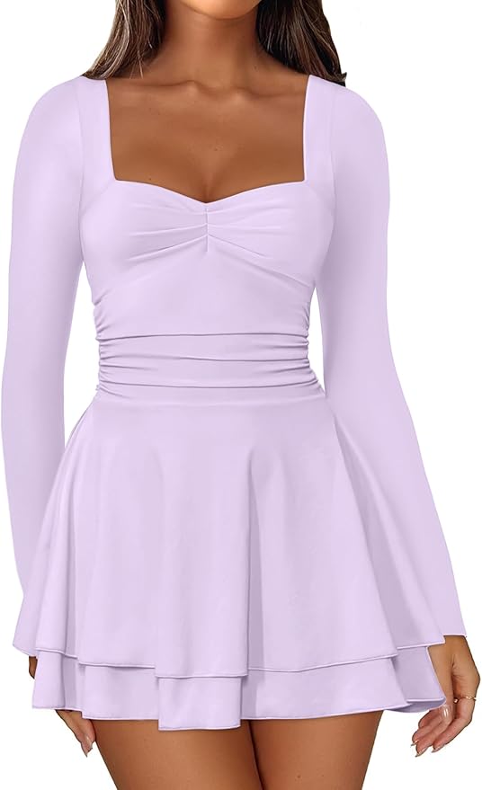IWD Women's Square Neck Long Sleeve Mini Dress Ruched Corset Waist Tiered Ruffle Hem A Line Short Party Dresses