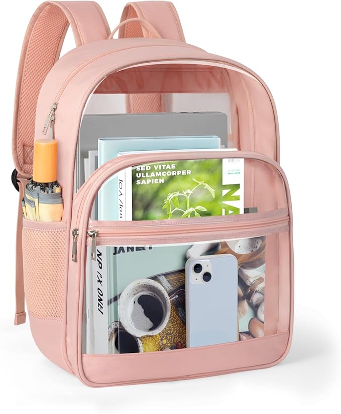 KIMNERPU Clear Backpack, Heavy Duty Transparent Bookbag for School, Fabric & PVC Transparent Backpack with Reinforced Strap for Women Men, Capacity Clear Bag for College, Travel, X-Large Pink