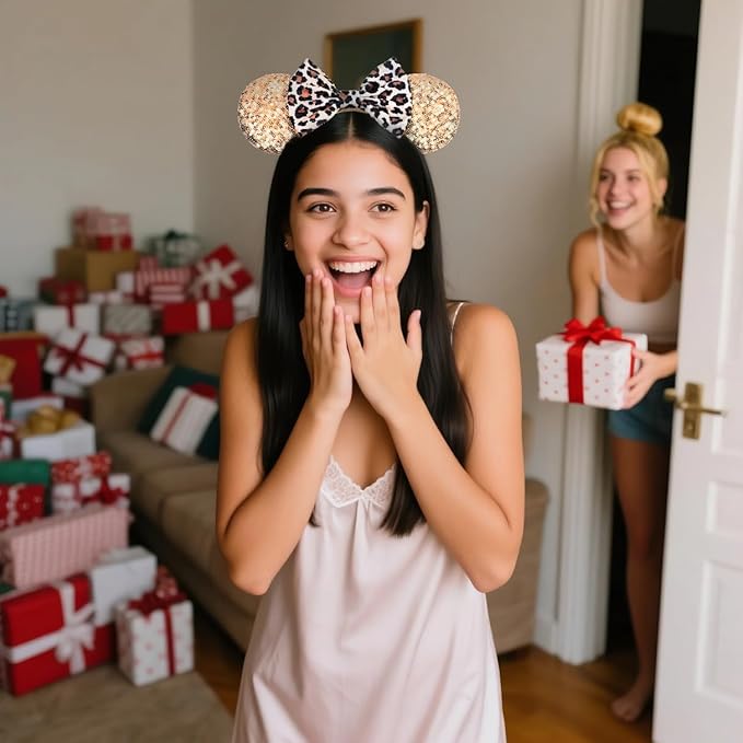 bianbaistar Champagne Sequin Mouse Ears Headband, Leopard Print Satin Bow for Theme Parks & Glam Nights
