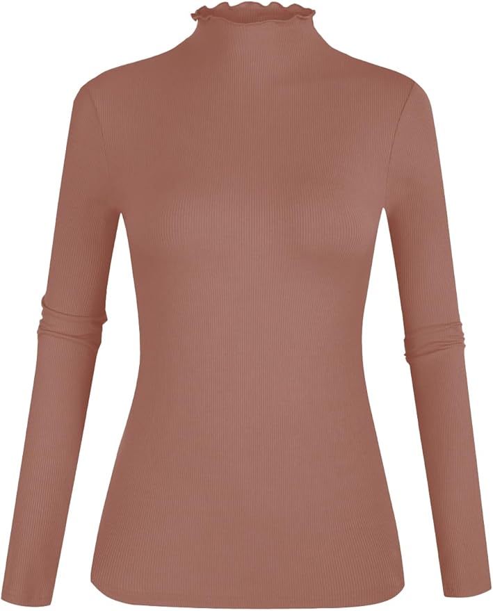 POPZONE Women's Lettuce Trim Mock Neck Long Sleeve Slim Fit Ribbed Knit Tee Shirt Tops