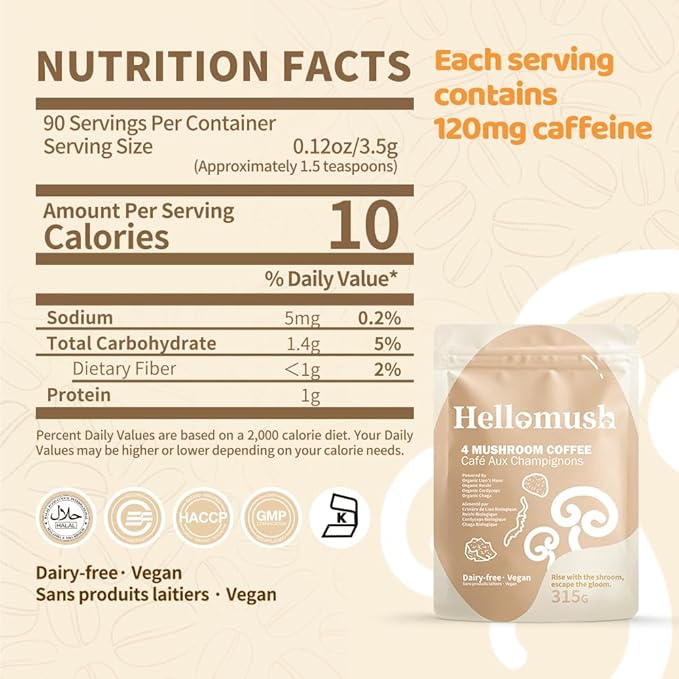 Hellomush Organic Instant Mushroom Coffee with Lions Mane, Reishi, Chaga and Cordyceps Coffee, Adaptogen Drink for Greater Energy, More Focus, Better Digestion, and Gut Support 90 Servings 11.11 oz