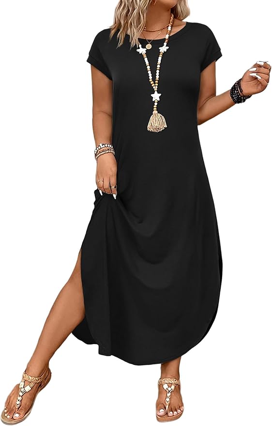WIHOLL Summer Dresses Cap Sleeve Crewneck Maxi Long Casual Dress with Pockets Beach Vacation Sundresses 2026 Trendy