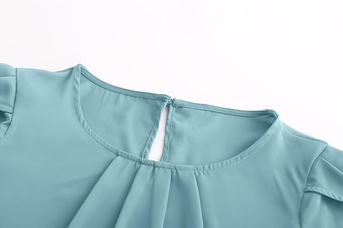 TASAMO Women's Casual Round Neck Basic Pleated Top Cap Sleeve Curved Keyhole Back Chiffon Blouse