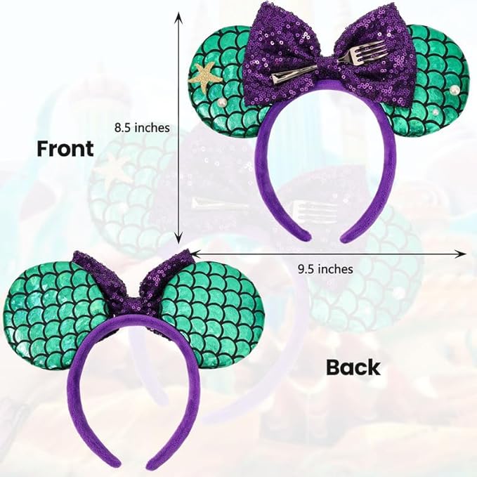 ETLUK Mouse Ears Headband, Mermaid Inspired Mouse Ears Sequin Bow Headbands for Adult Women Girls, Cosplay, Park Ears Party Decorations