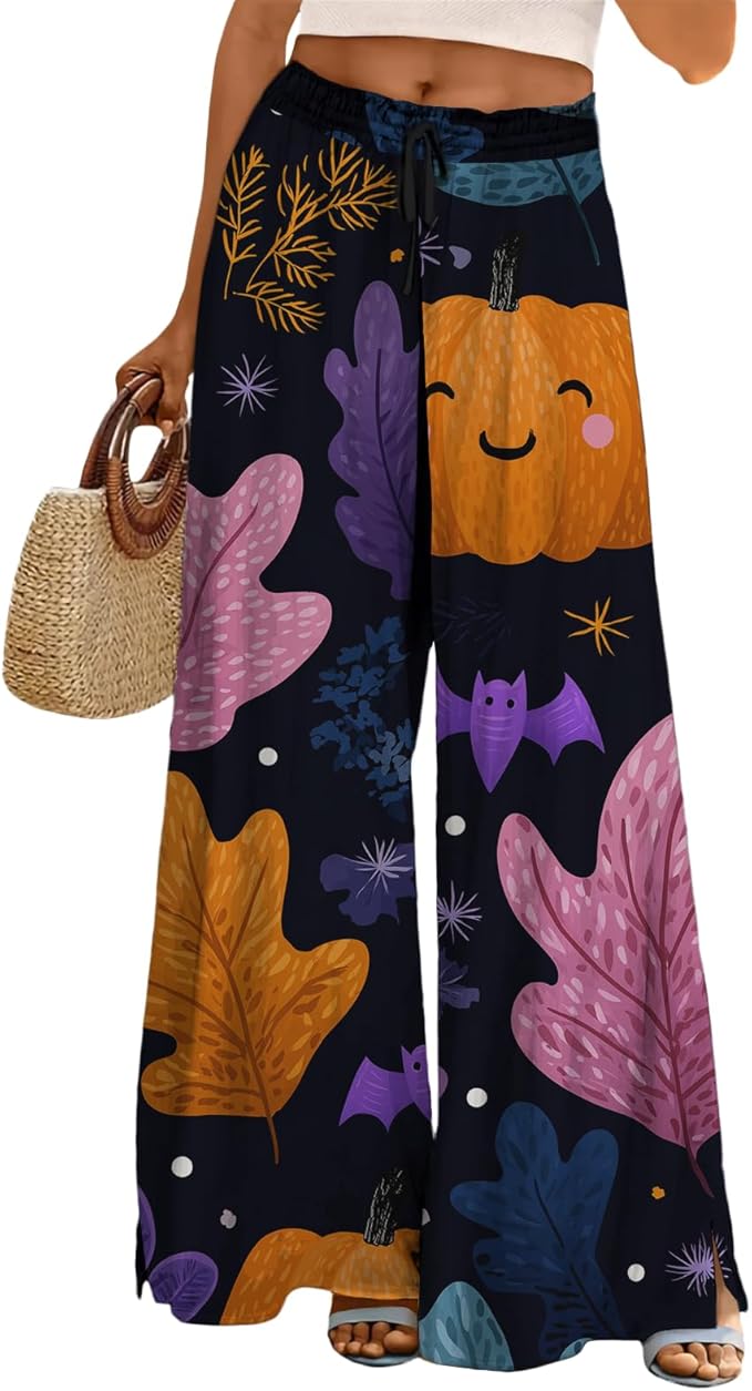 domirica Halloween Pants Women Drawstring Elastic Waist Wide Leg Pants Ladies Pumpkin Ghost Pajama Vintage Street Wear