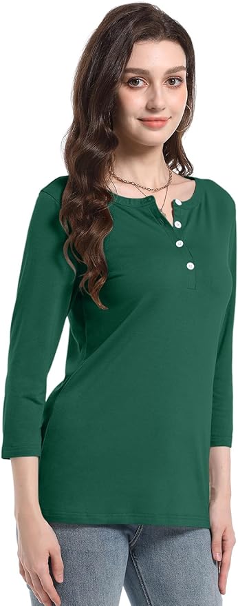 PGANDS Women's 3/4 Length Sleeve T Shirts Button Down Scoop Neck Casual Tops