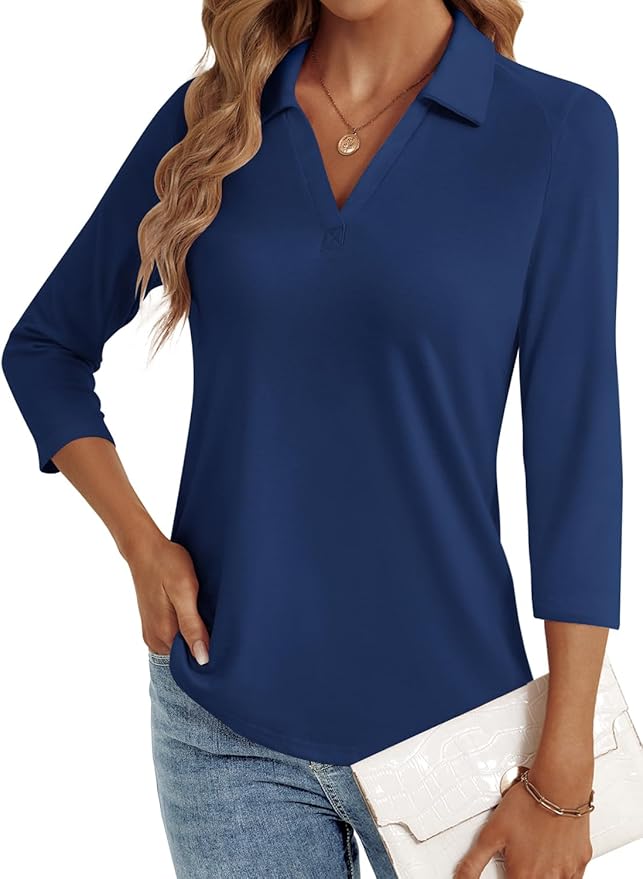3/4 Length Sleeve Womens Tops Dressy Casual V Neck Polo Shirts Business Work Blouses 2025 Trendy Tunic Top