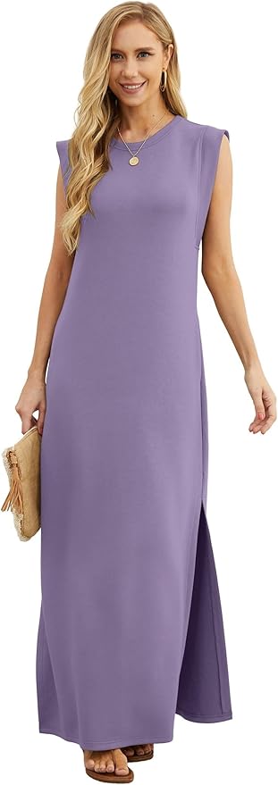GRECERELLE 2026 Women Year-Round Casual Round Neck Loose Split Wrinkle-Free Long Maxi Vacation Dress with Pockets (XXS-4XL)