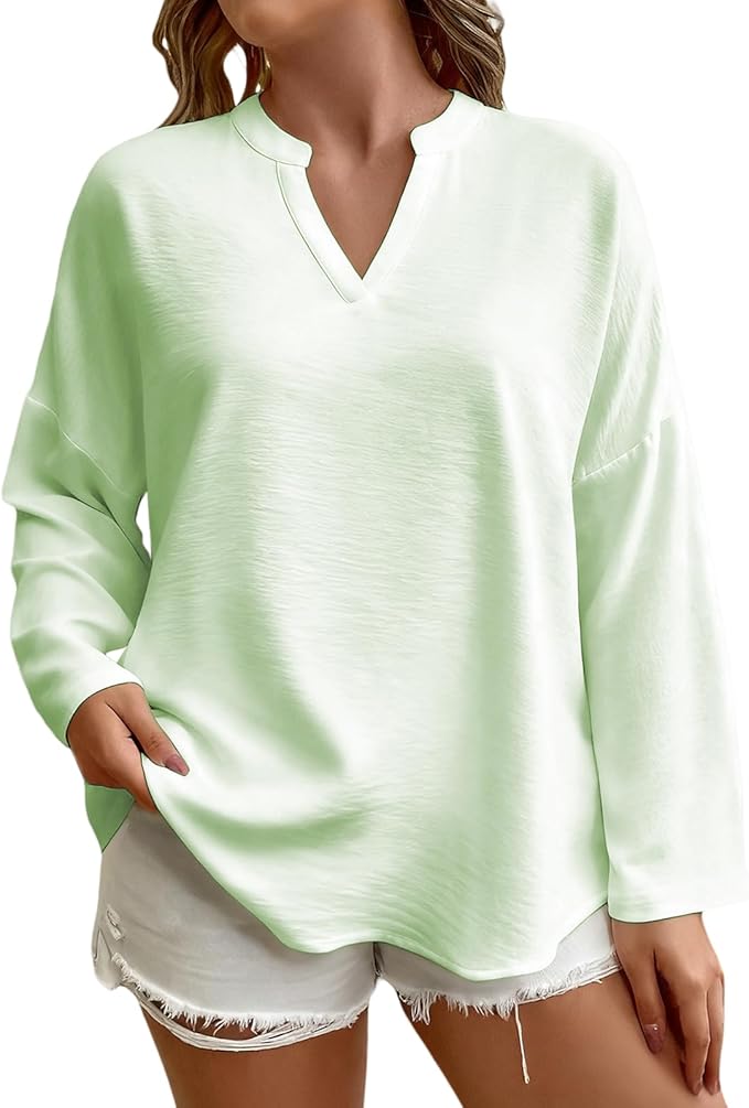 Elegant Shirts for Women Solid Color Long Sleeve V Neck Blouses Loose Comfy Business Work Casual Pullover Tops