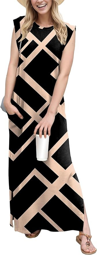 GRECERELLE 2026 Women Year-Round Casual Round Neck Loose Split Wrinkle-Free Long Maxi Vacation Dress with Pockets (XXS-4XL)