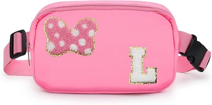 Chenille Initial Letter Bow Mouse Fanny Pack, Waterproof Park Crossbody Bag Christmas Birthday Gifts for Teen Girls Daughter Women Kids Adults, Cute Belt Bag Must Haves for Park Travel (L, Pink)